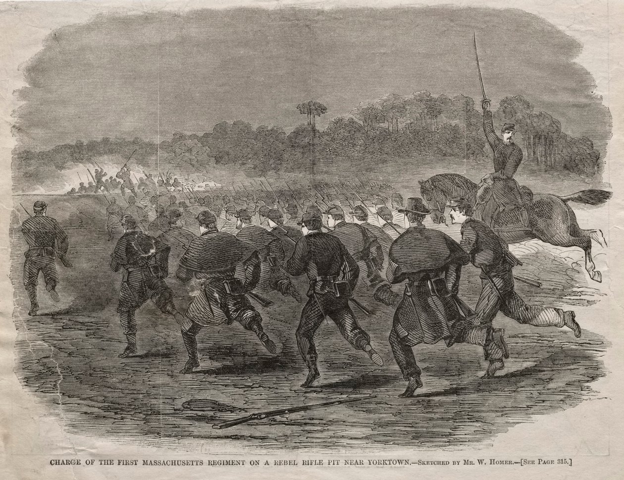 Obvinění prvního massachusettského pluku na rebelské střelecké jámě poblíž Yorktownu, 1862. od Winslow Homer