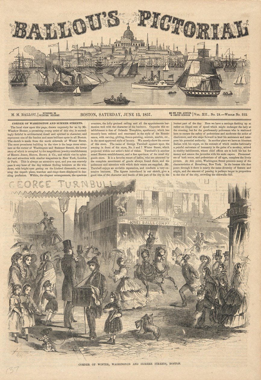 Corner of Winter, Washington, a Summer Streets, Boston, od Ballou od Winslow Homer