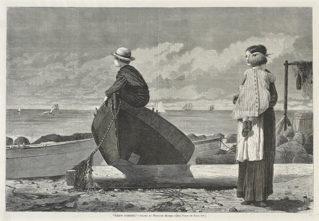Dads Coming!, 1. listopadu 1873 (dřevoryt na novinovém papíru) od Winslow Homer
