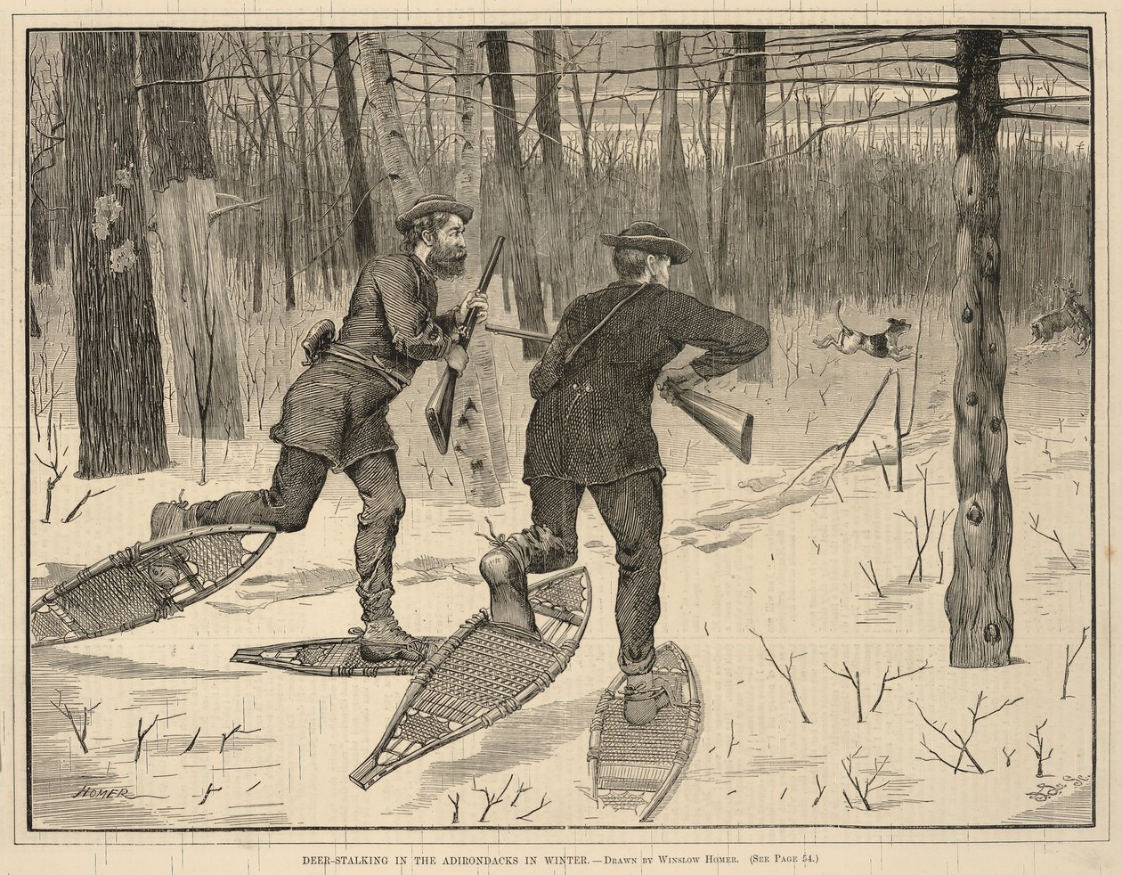 Sledování jelenů v Adirondacku v zimě, z časopisu Every Saturday, A Journal of Choice Reading, 21. ledna 1871. od Winslow Homer