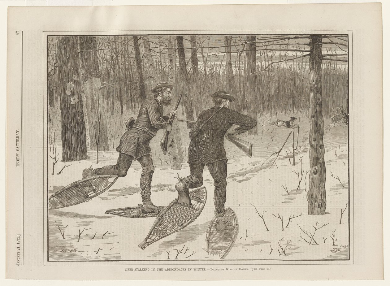 Lov jelenů z úkrytu v Adirondackách v zimě od Winslow Homer