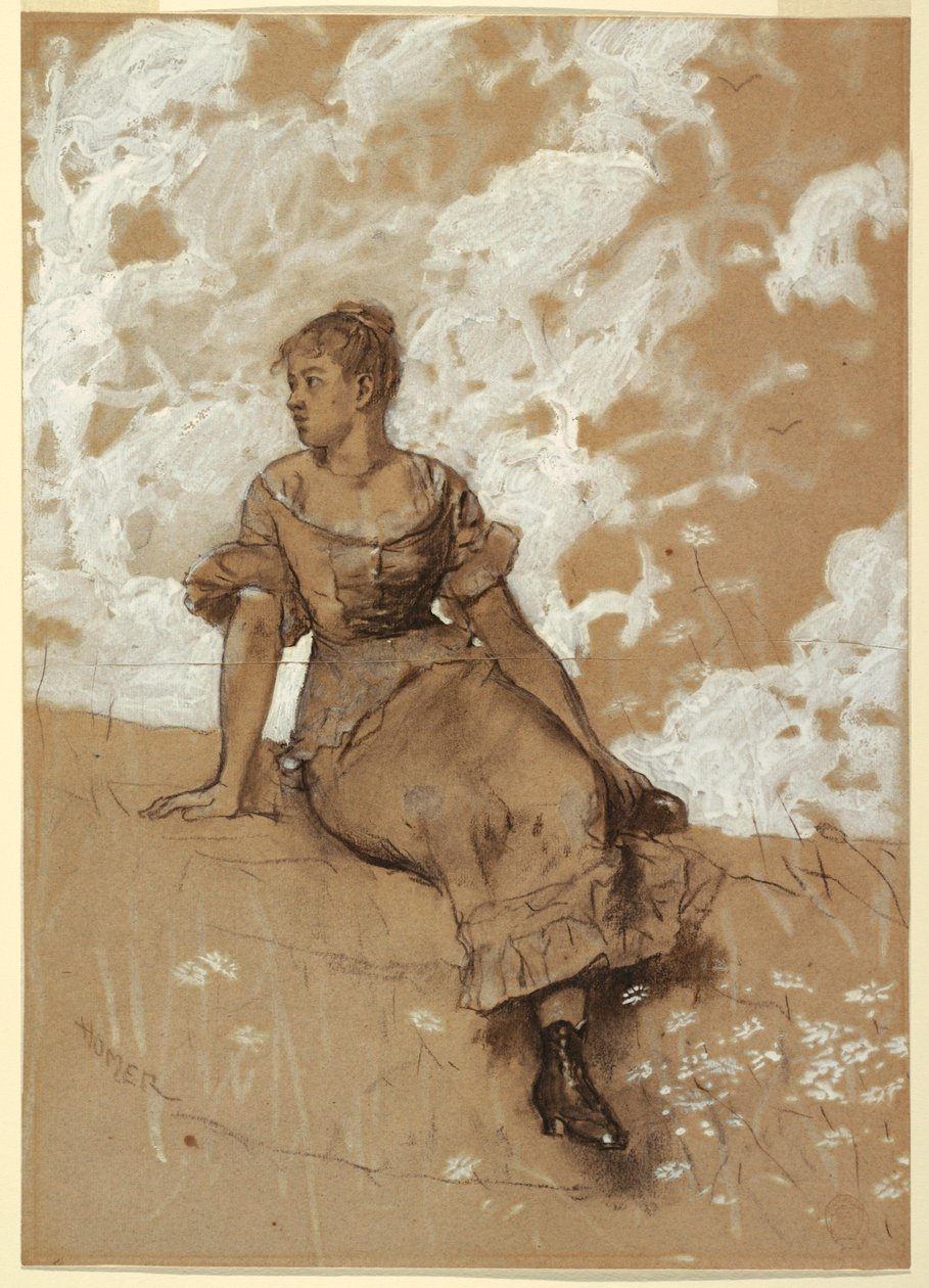 Kresba, Sedící dívka; studie pro "Zahradní zeď", 1878 od Winslow Homer