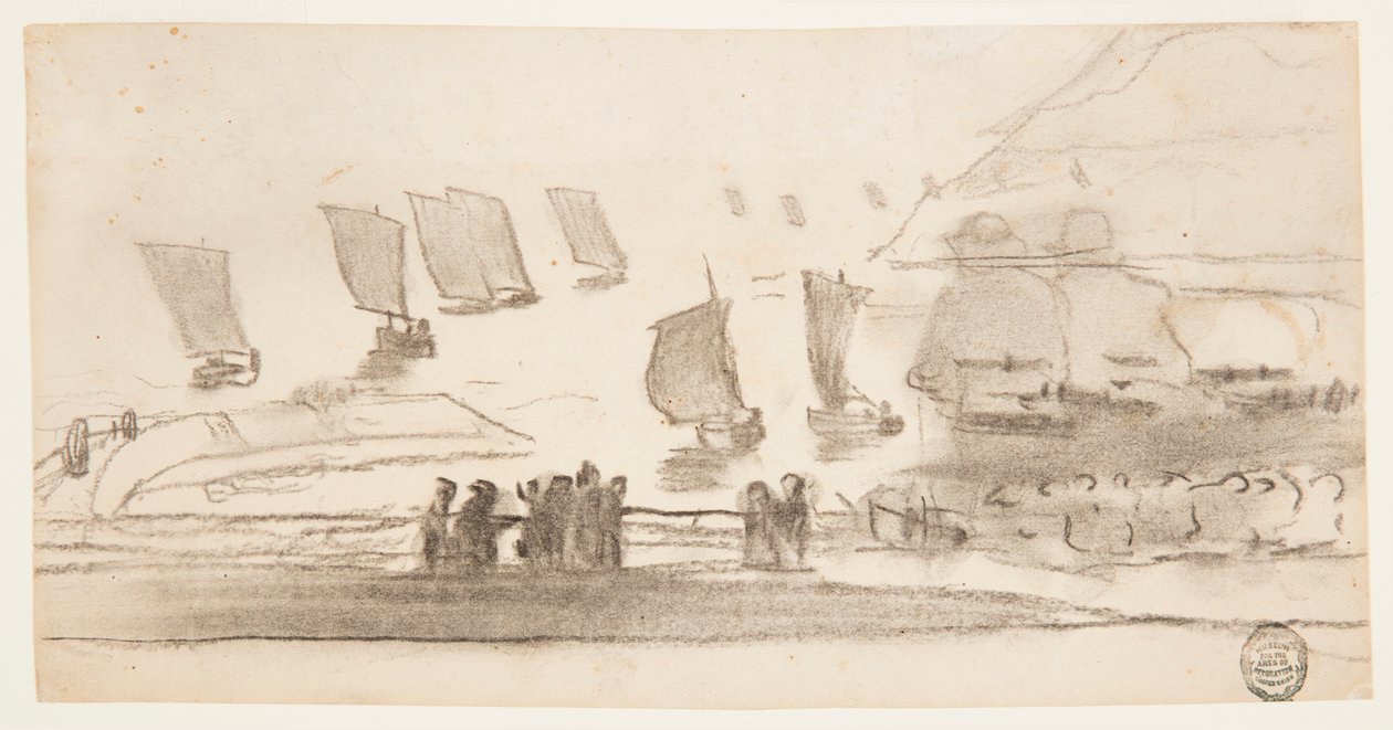 Kresba, Plážová scéna s lidmi a rybářskými čluny, Cullercoats, Anglie, 1881-82 od Winslow Homer