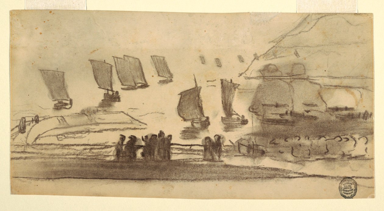 Kresba, Plážová scéna s lidmi a rybářskými čluny, Cullercoats, Anglie, 1881-82 od Winslow Homer
