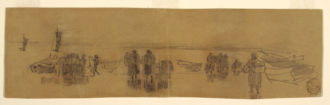 Kresba, Pláž se čtyřmi rybářskými čluny, Cullercoats, Anglie, 1881-82 od Winslow Homer