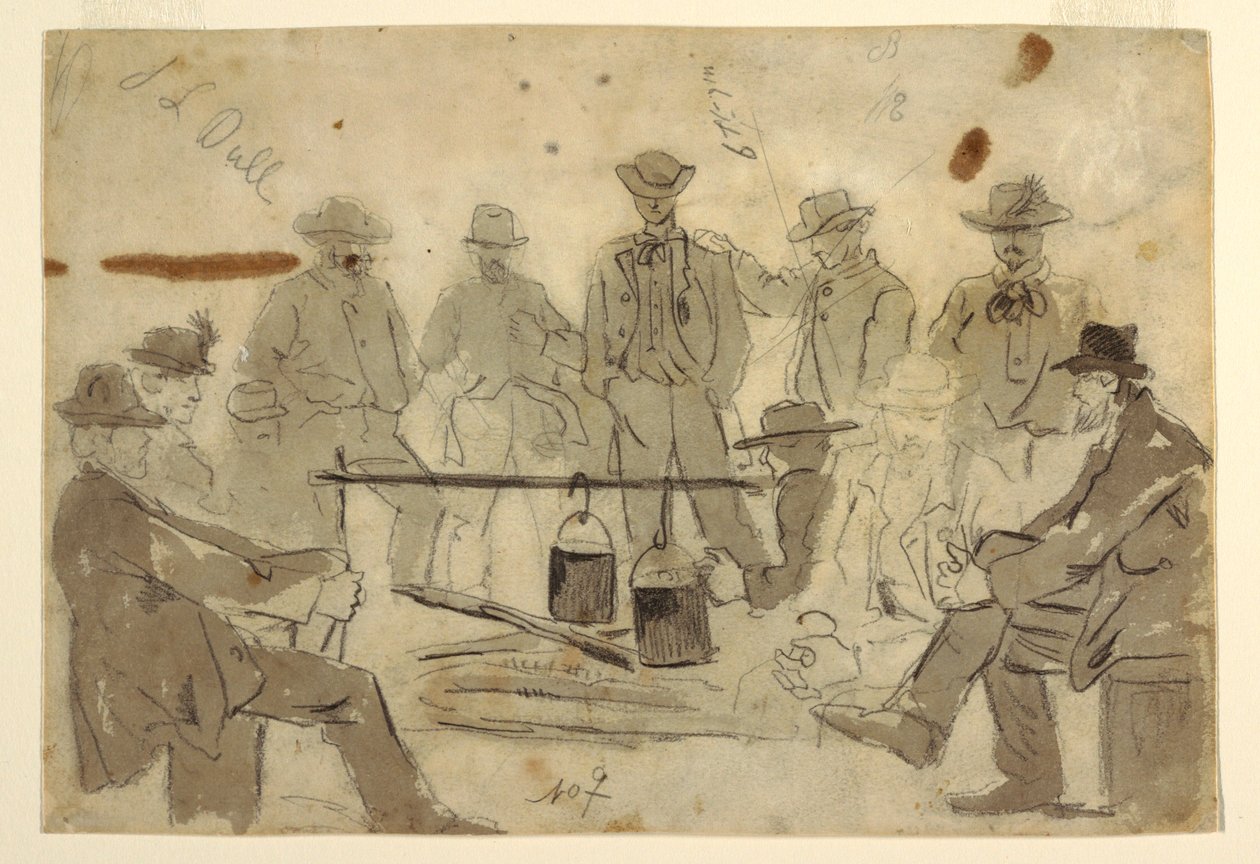 Kresba, Táborák s vojáky seskupenými kolem, 1862 od Winslow Homer
