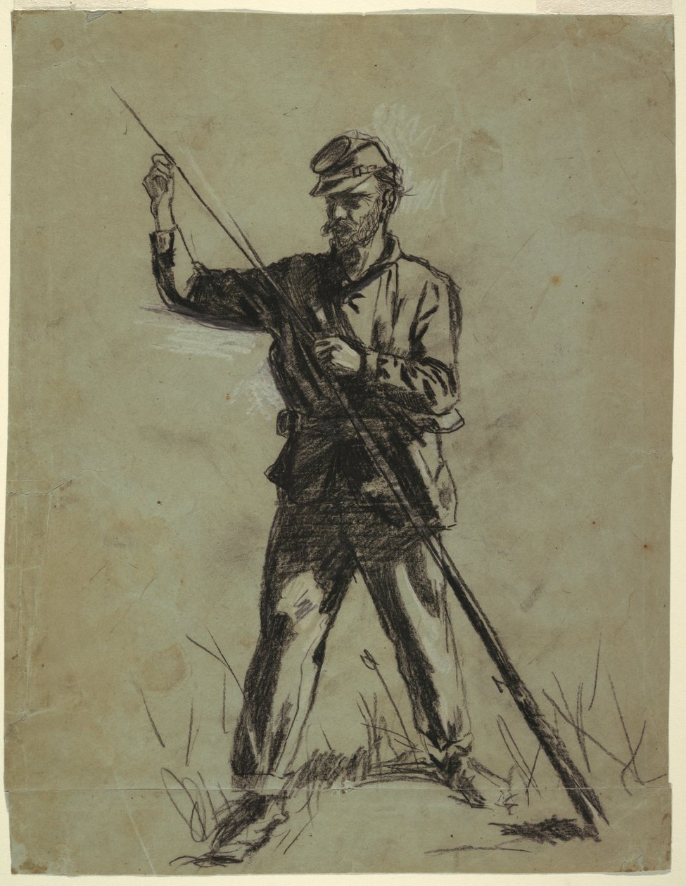 Kresba, voják kavalerie nabíjí pušku, 1863-64 od Winslow Homer