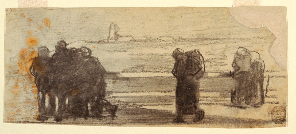 Kresba, Postavy s výhledem na záliv a malou loďku, Cullercoats, Anglie, 1881-82 od Winslow Homer