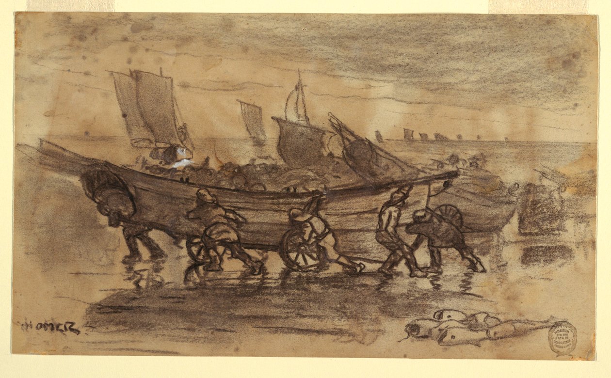 Kresba, Rybáři na pláži, Cullercoats, Anglie, 1881 od Winslow Homer
