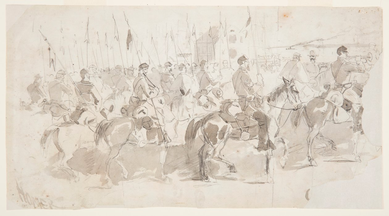 Kresba, Šestý jízdní pluk generála McClellana nastupuje v Alexandrii do Old Point Comfort, 2. dubna 1862 od Winslow Homer