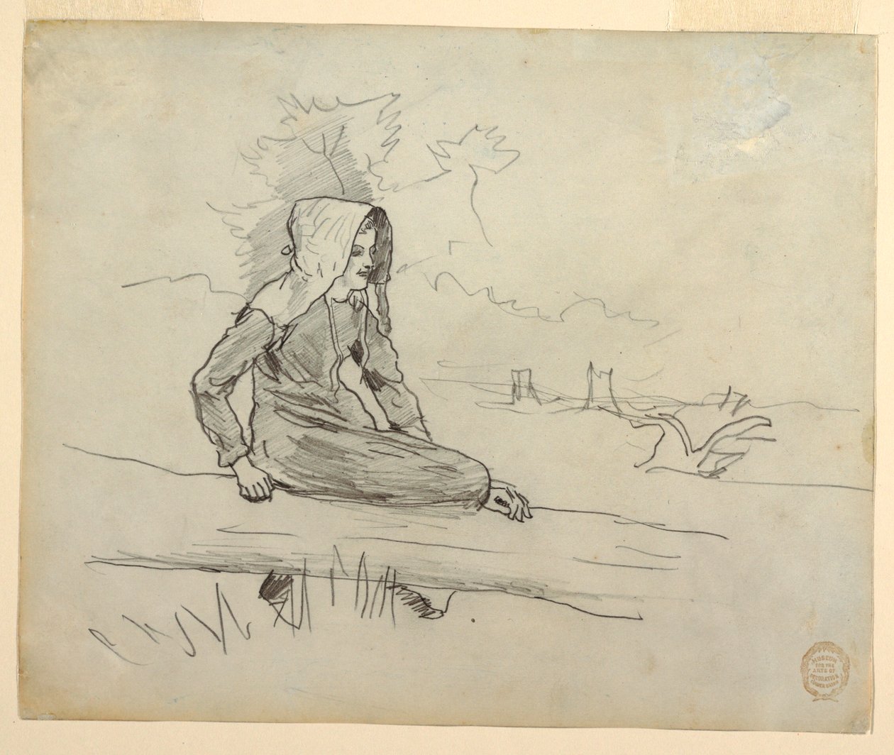 Kresba, Dívka sedící na kmeni stromu, 1879 od Winslow Homer