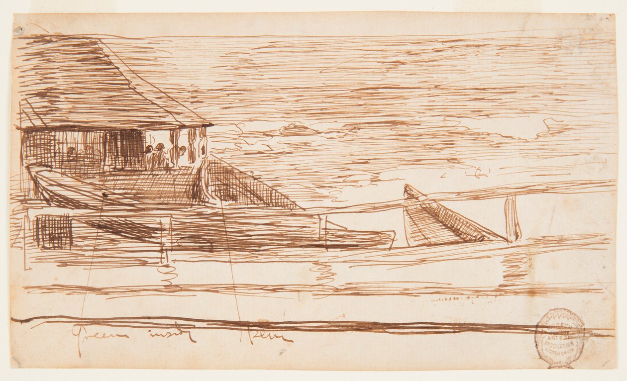 Kresba, Dům u zábradlí s plážovými dory, Cullercoats, Anglie, 1881 od Winslow Homer