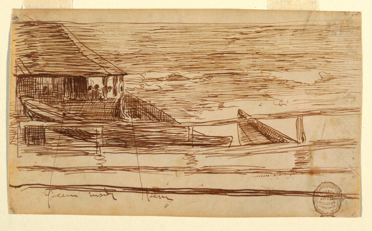 Kresba, Dům u zábradlí s plážovými dory, Cullercoats, Anglie, 1881 od Winslow Homer