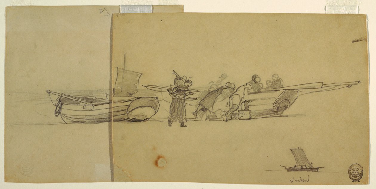 Kresba, Muži a ženy vykládající rybářskou loďku, Cullercoats, Anglie, 1881-82 od Winslow Homer
