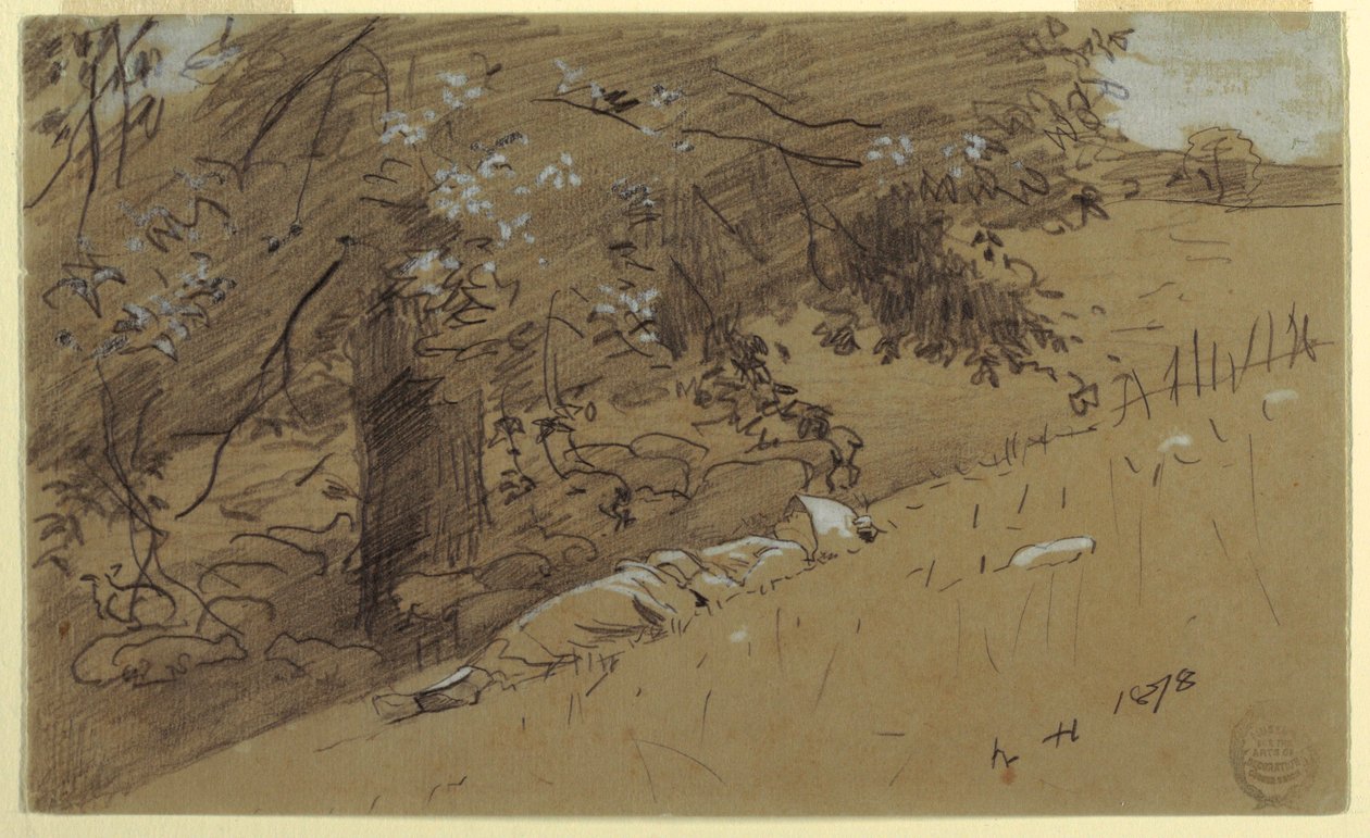 Kresba, Pastýřka odpočívá pod stromem, 1878 od Winslow Homer