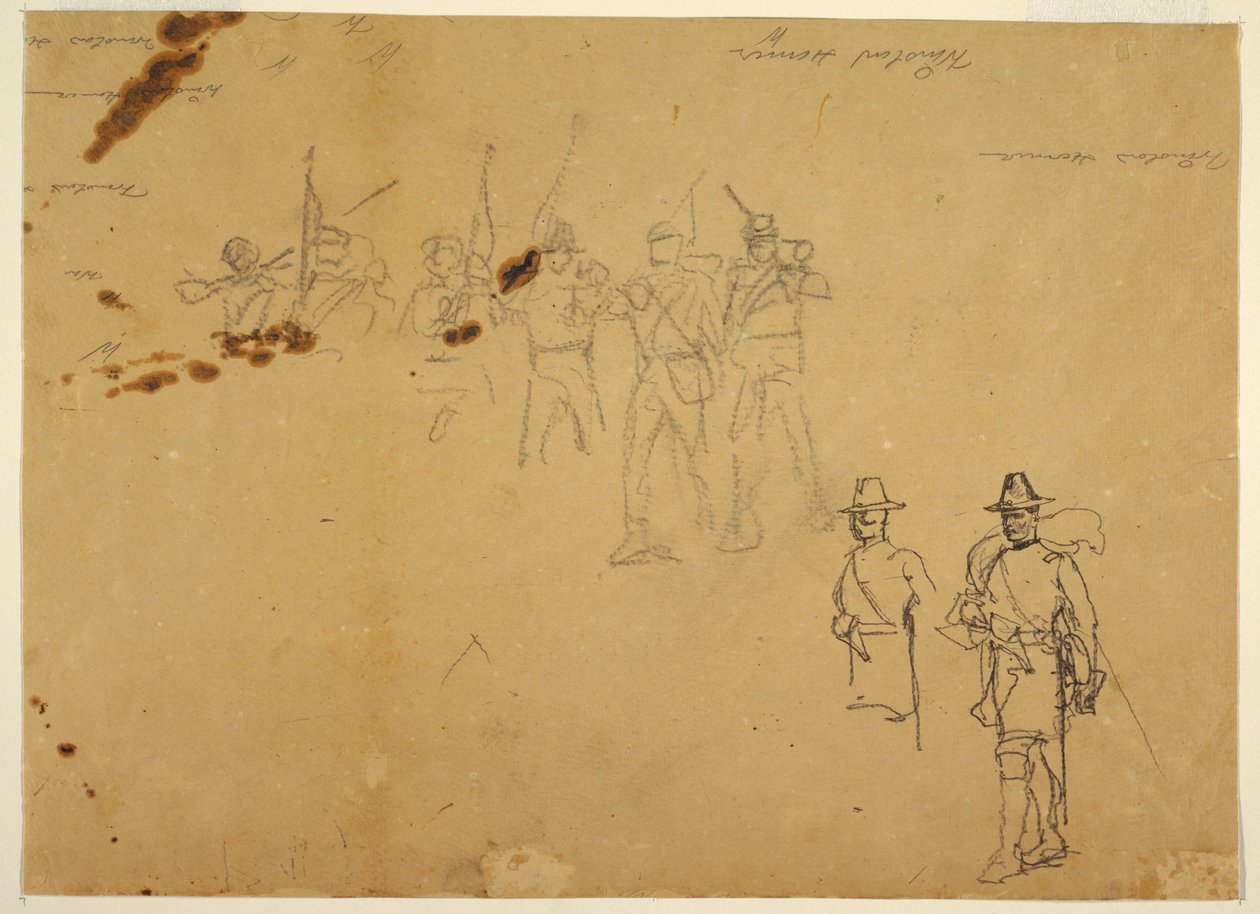 Kresba, náčrty jednotlivých pěších postav a cvičné podpisy, 1862 od Winslow Homer