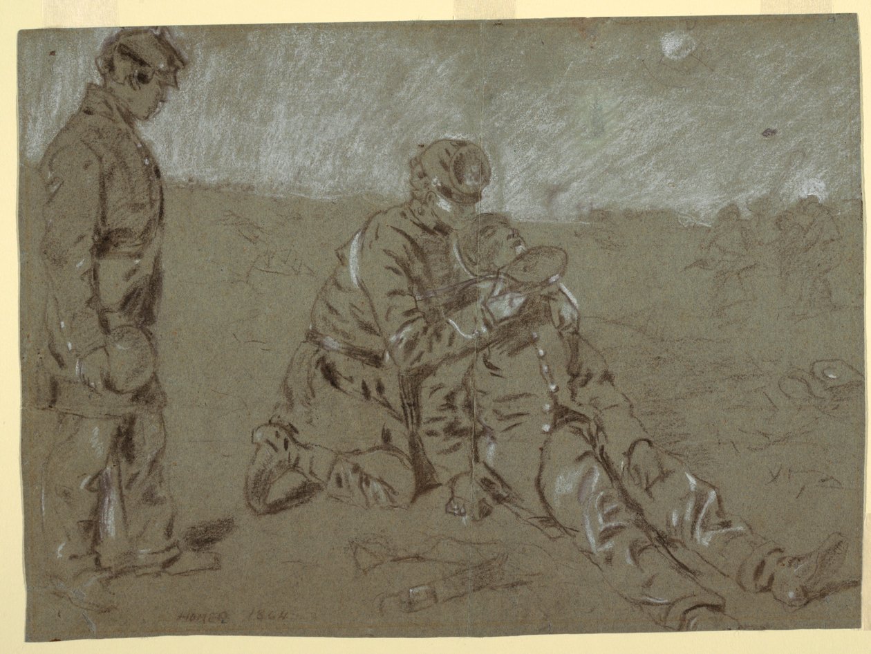 Kresba, voják dává vodu zraněnému kamarádovi, 1864 od Winslow Homer