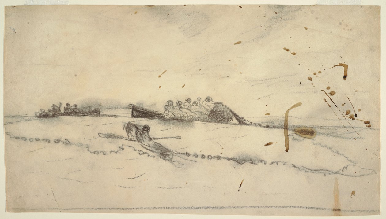 Kresba, Tři lodě s rybáři, kteří vytahují sítě, 1881-82 od Winslow Homer