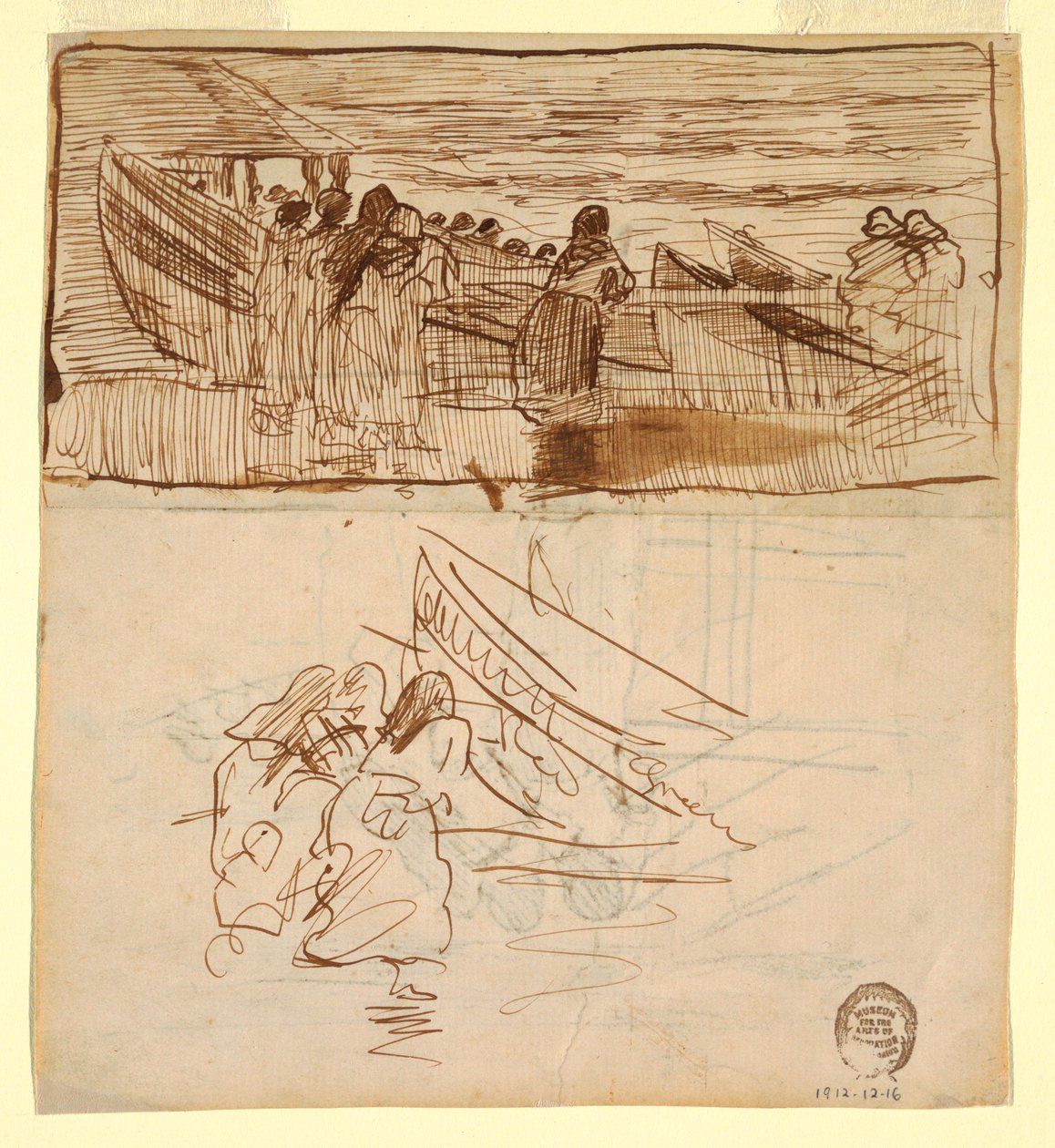 Kresba, Dvě studie žen sledujících spouštění lodiček na vodu, Cullercoats, Anglie, 1881 od Winslow Homer