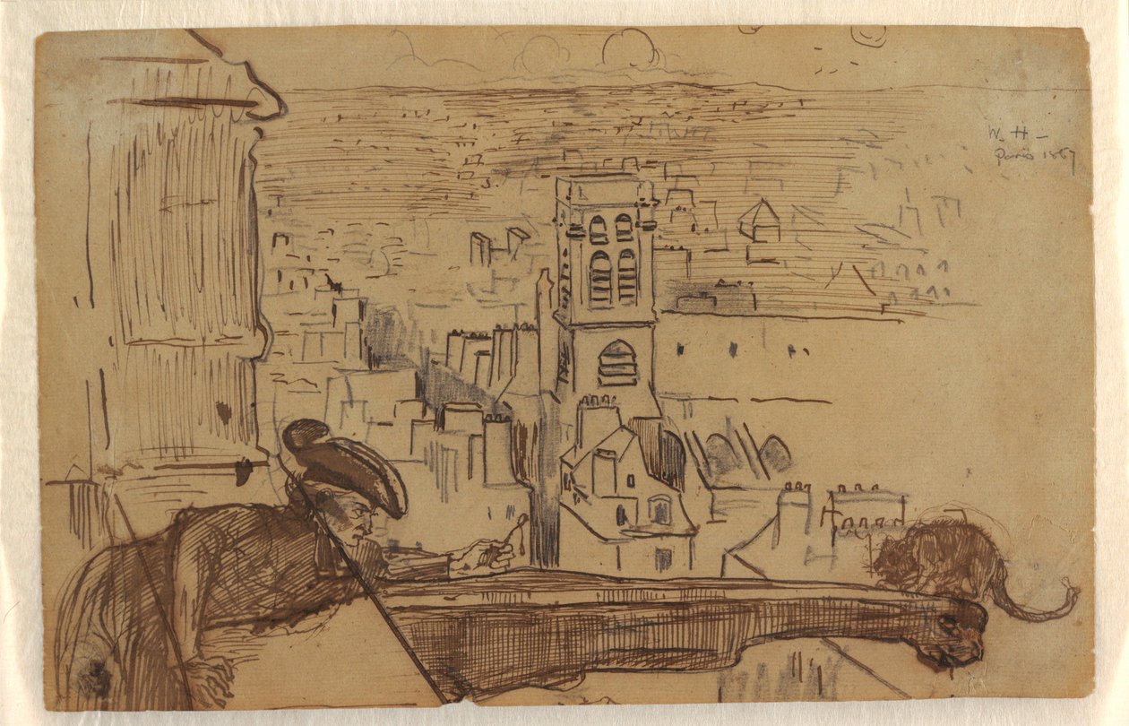Kresba, Pohled na Paříž s parapetem věže katedrály Notre Dame, 1867 od Winslow Homer