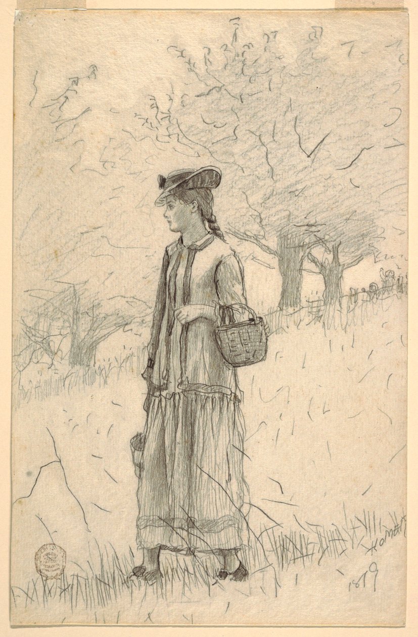 Kresba, Mladá žena jdoucí po poli, 1879 od Winslow Homer