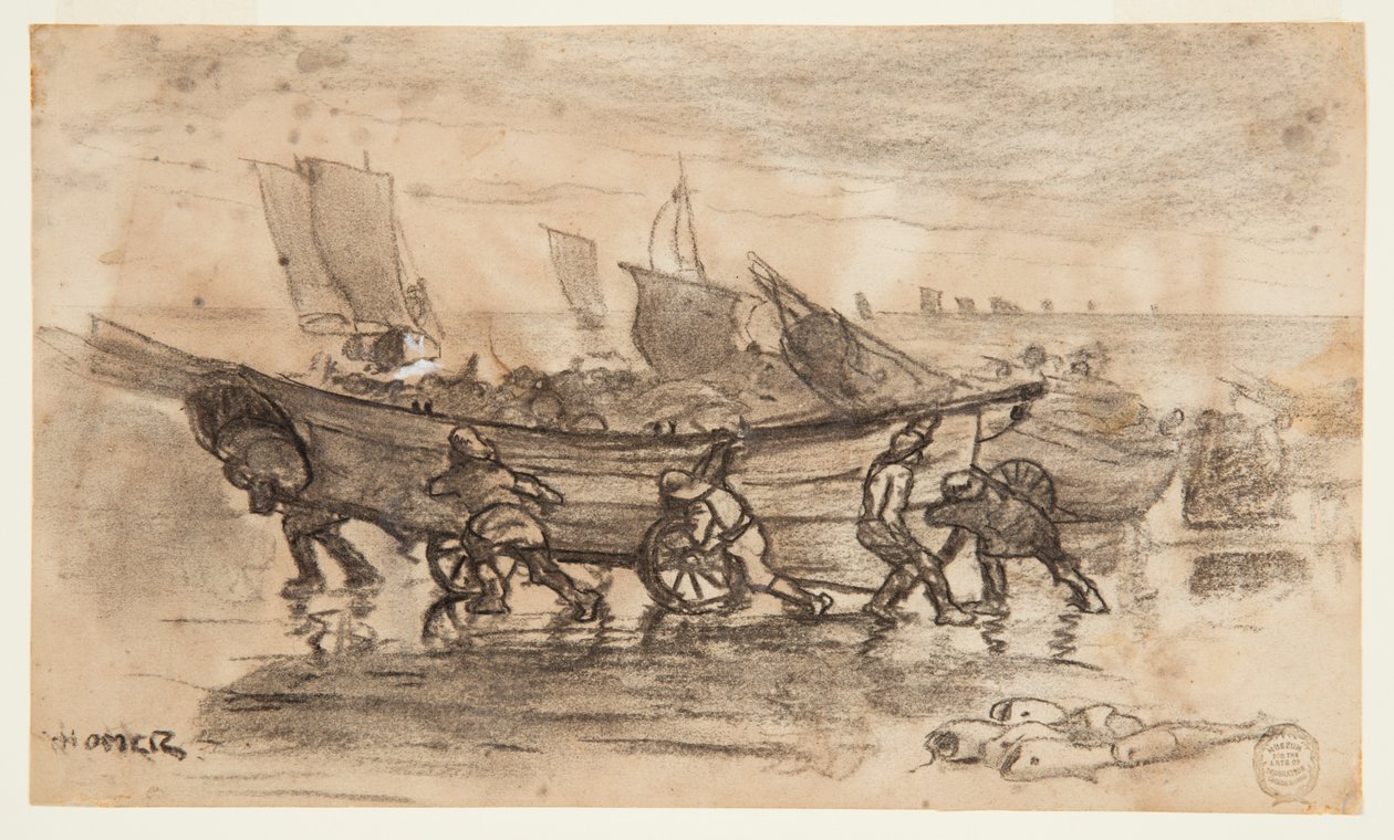 Rybáři na pláži Dory, Cullercoats, Anglie od Winslow Homer