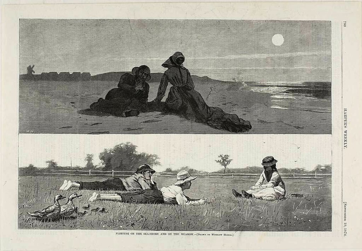 Flirtování na břehu moře a na louce od Winslow Homer