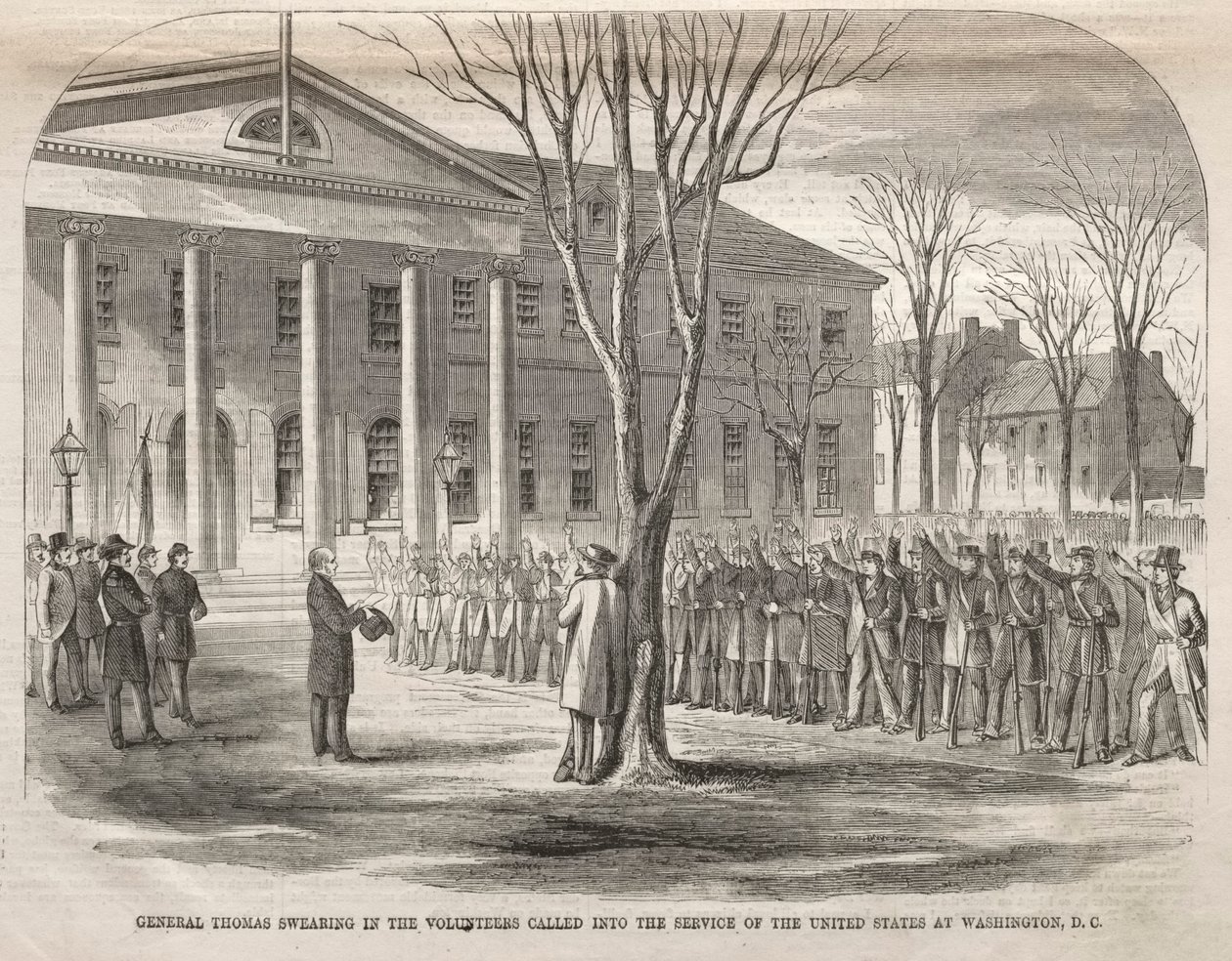 Generál Thomas skládá přísahu dobrovolníkům povolaným do služeb Spojených států ve Washingtonu, D.C. od Winslow Homer