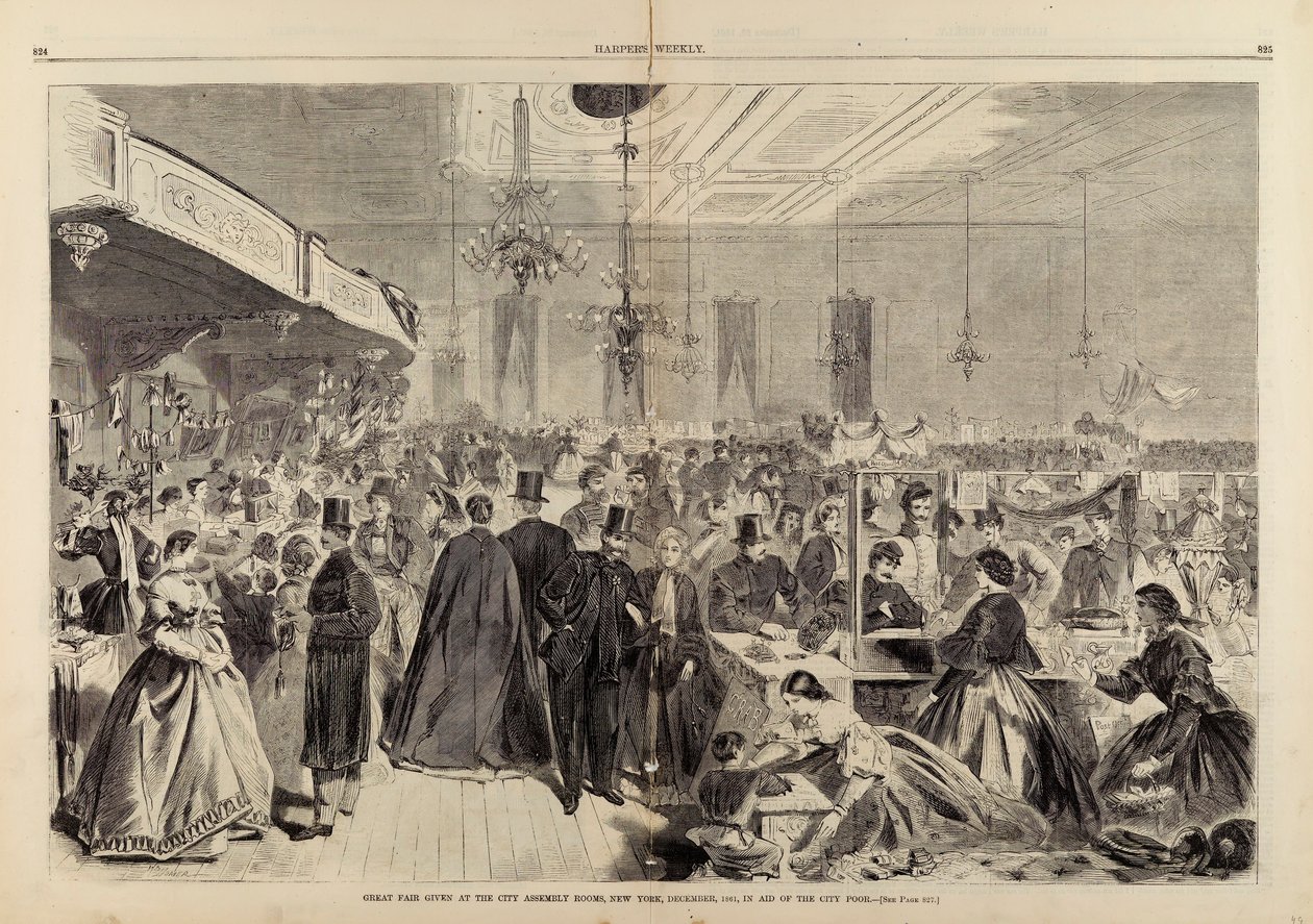 Velký veletrh pořádaný v městských sálech v New Yorku v prosinci 1861 na podporu městských chudých, z Harper