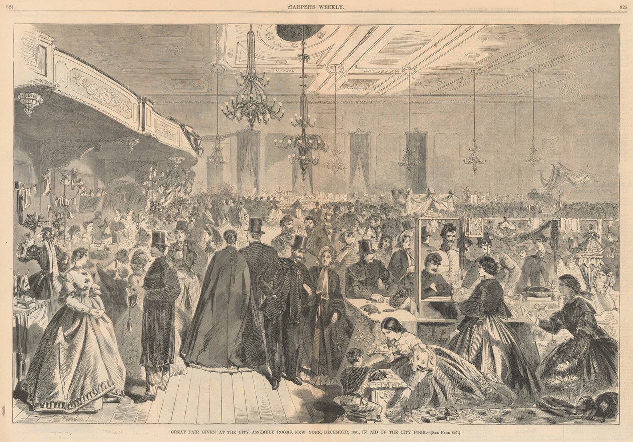 Velký veletrh pořádaný v městských shromážděních v New Yorku, prosinec 1861, na pomoc městským chudým; od Harpera od Winslow Homer