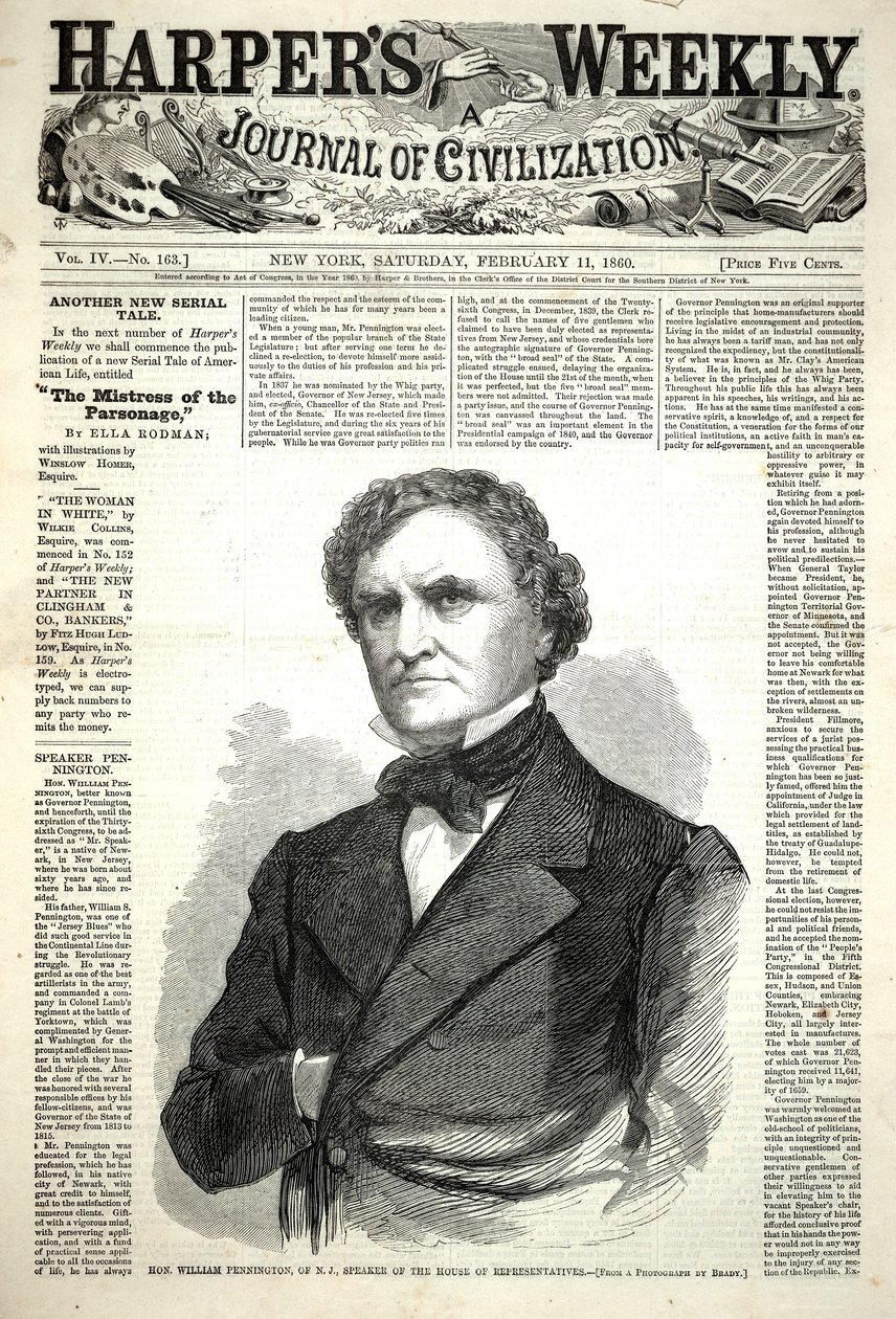 William Pennington z New Jersey, předseda Sněmovny reprezentantů, z časopisu Harper’s Weekly, 11. února 1860 od Winslow Homer