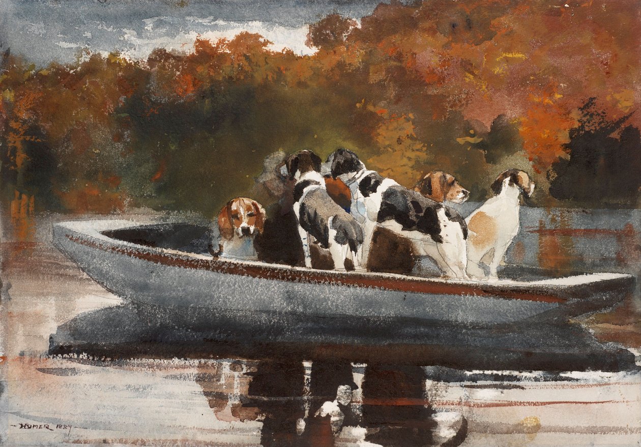 Lovecké psy v lodi (čekání na start) od Winslow Homer