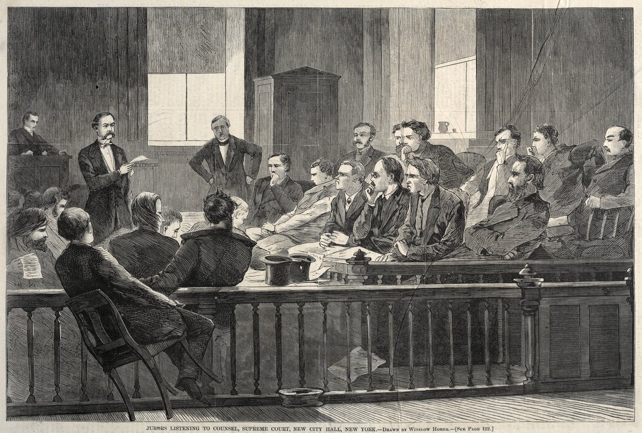 Jurors Listening to Counsel, Nejvyšší soud, New City Hall, New York, 1869. od Winslow Homer