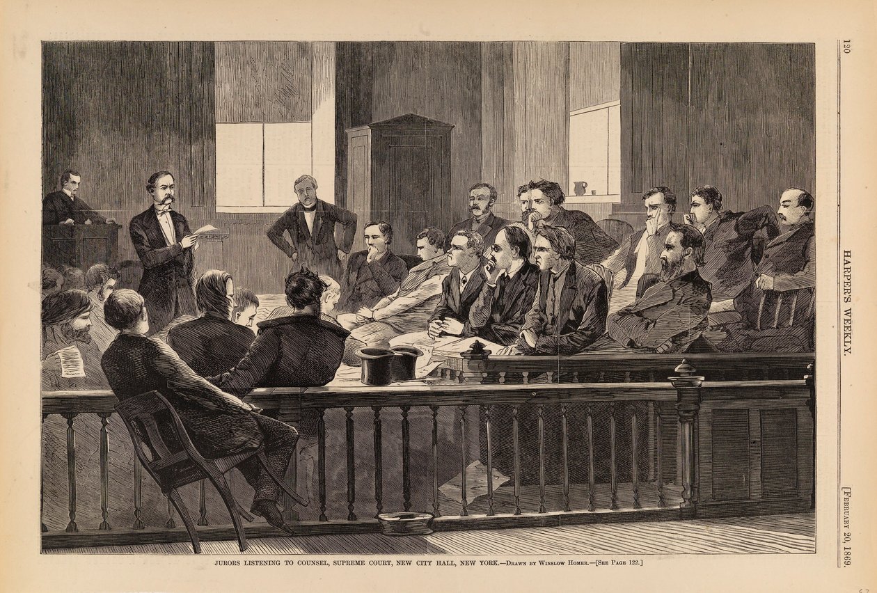 Porotci naslouchající obhájci, Nejvyšší soud, New City Hall, New York, z Harper