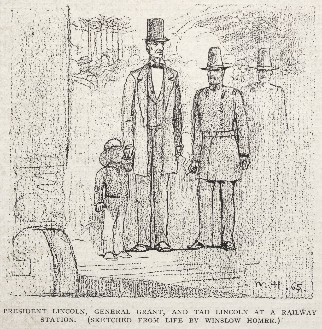 Prezident Lincoln, generál Grant a Tad Lincoln na železniční stanici, 1887. od Winslow Homer