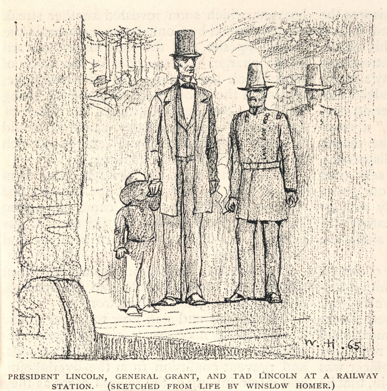 Prezident Lincoln, generál Grant a Tad Lincoln na nádraží, z časopisu The Century, listopad 1887 od Winslow Homer