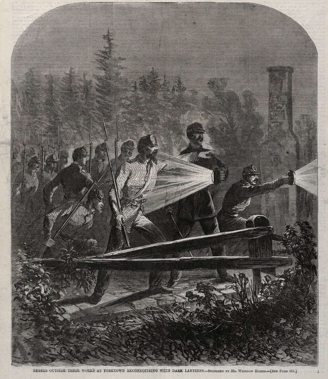 Povstalci před svými opevněními u Yorktownu provádějí průzkum s pomocí temných luceren od Winslow Homer