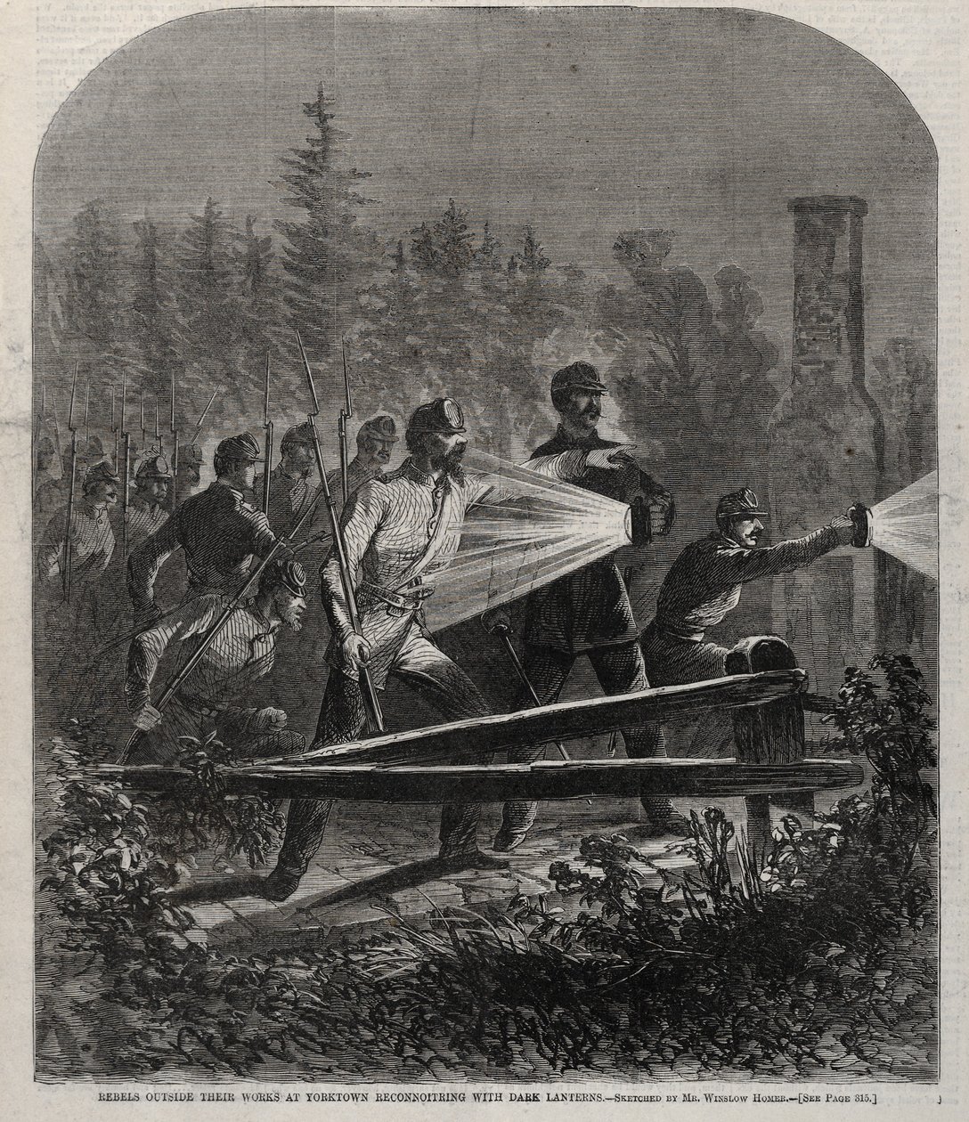 Rebelové mimo svá díla v Yorktown Reconnoitering with Dark Lanterns, 1862. od Winslow Homer