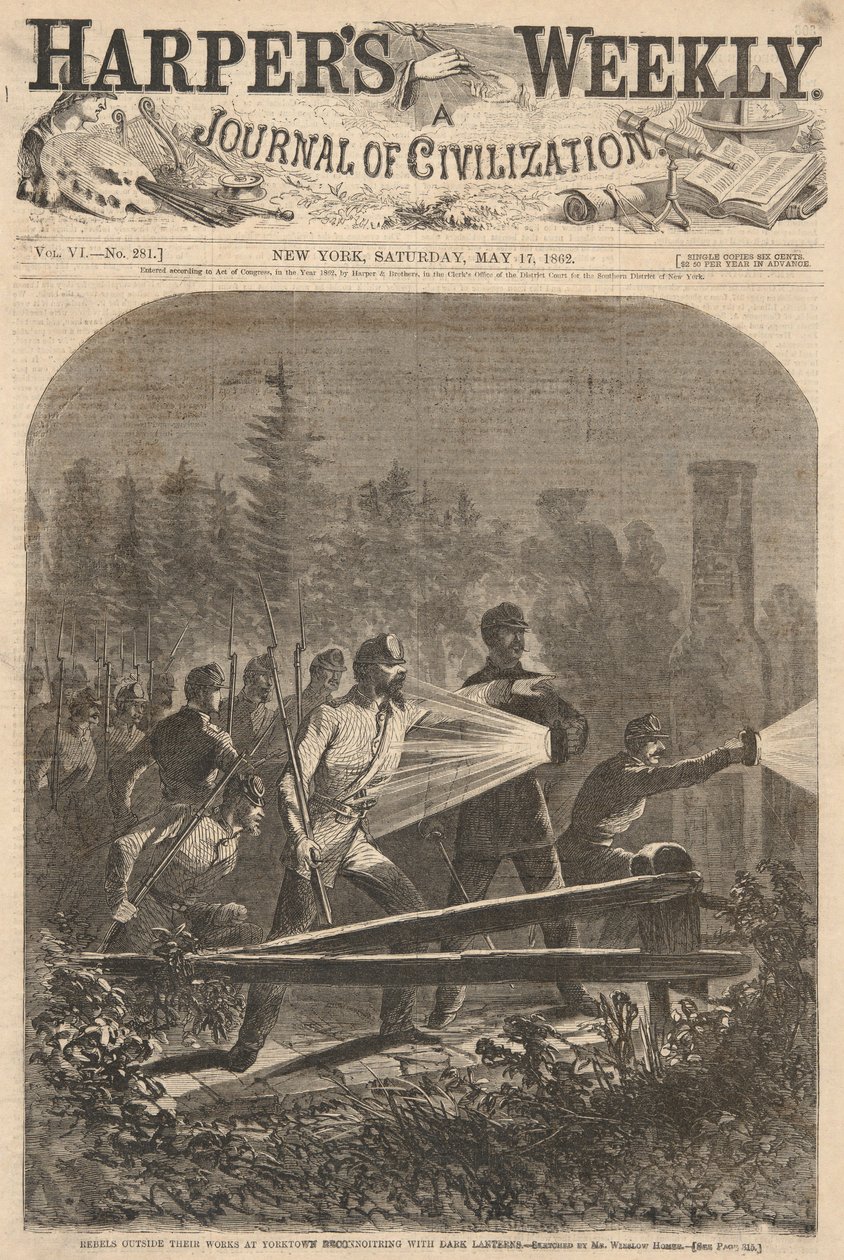 Rebelové mimo svá díla v Yorktown Reconnoiting with Dark Lanterns, od Harper od Winslow Homer