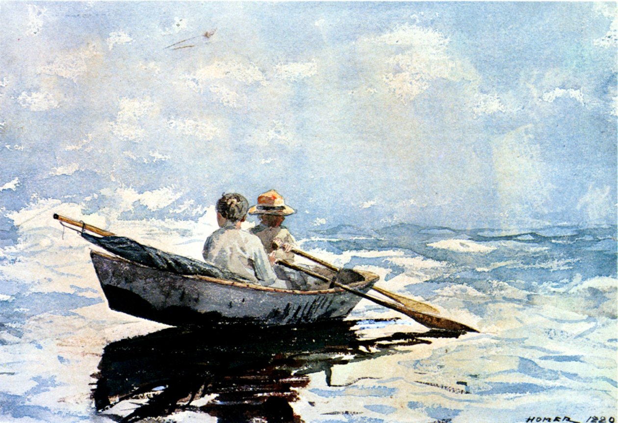 Veslování, 1880 (wc na papíře na palubě) od Winslow Homer