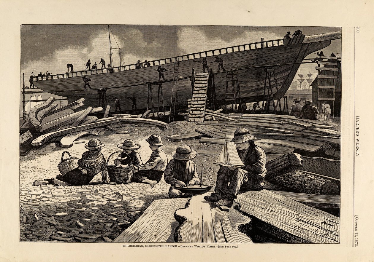 Stavba lodí, přístav Gloucester, z Harper