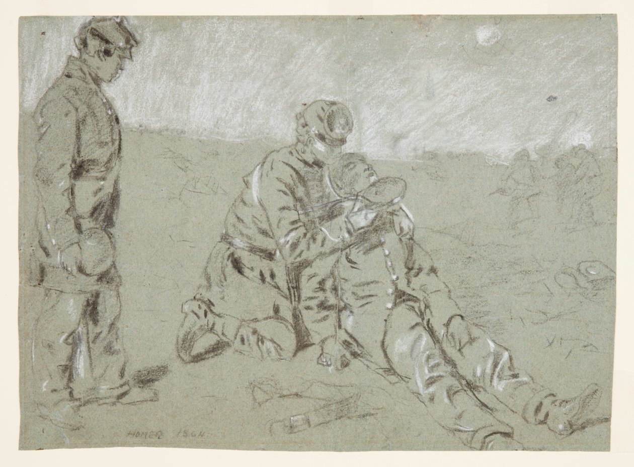 Voják dává vodu zraněnému společníkovi od Winslow Homer