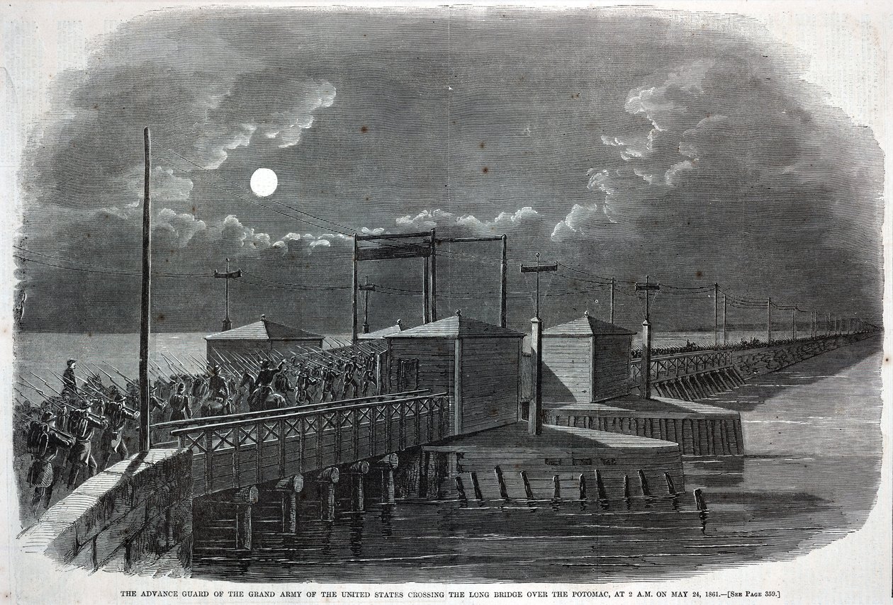 Přední stráž Velké armády Spojených států amerických při přejezdu Dlouhého mostu přes Potomac ve dvě hodiny ráno 24. května 1861, z Harper