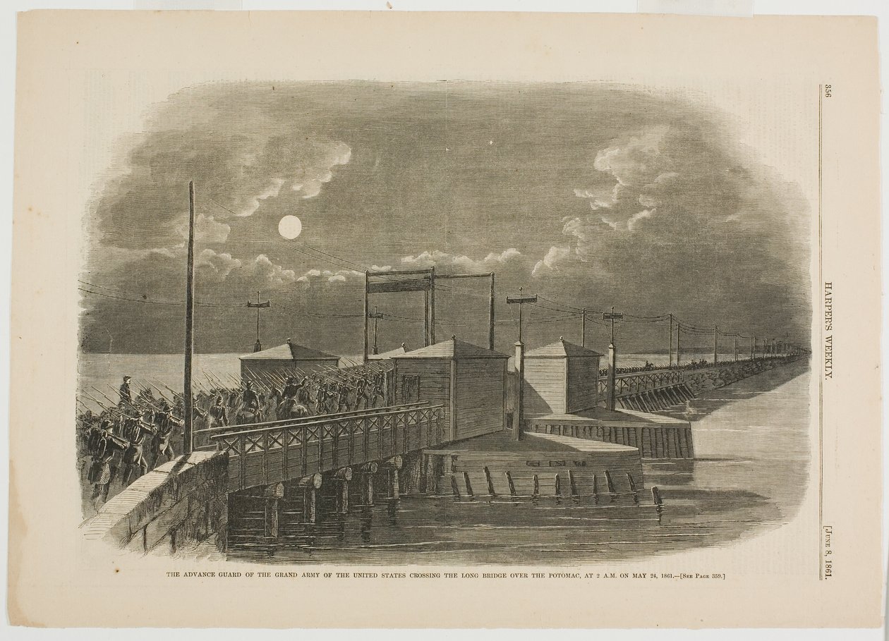 Přední stráž Velké armády Spojených států amerických při přejezdu Dlouhého mostu přes Potomac ve dvě hodiny ráno 24. května 1861 od Winslow Homer