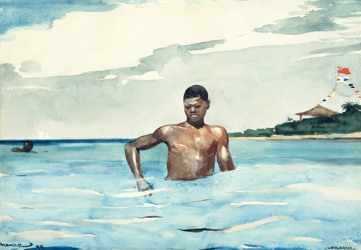 The Bather, 1899 (wc a grafit na špinavě bílém tkaném papíře) od Winslow Homer