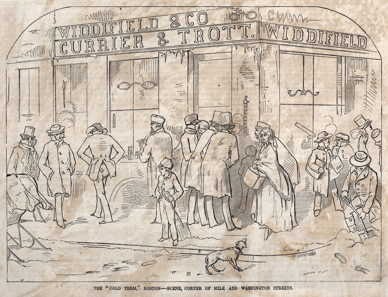 The Cold Term, Boston - Scene, Corner Milk and Washington Streets, 1858. od Winslow Homer