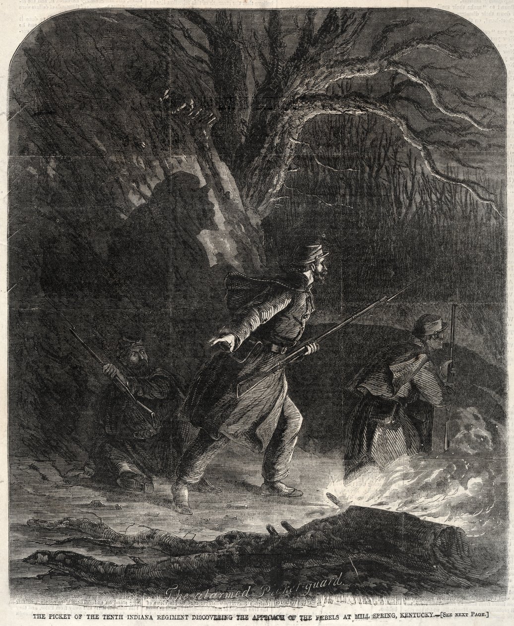 Hlídka 10. indianského pluku odhalila přiblížení povstalců u Mill Spring v Kentucky od Winslow Homer