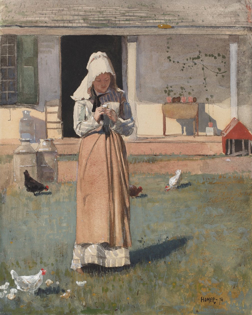 The Sick Chicken, 1874 (wc, kvaš a grafit na tkaném papíře) od Winslow Homer