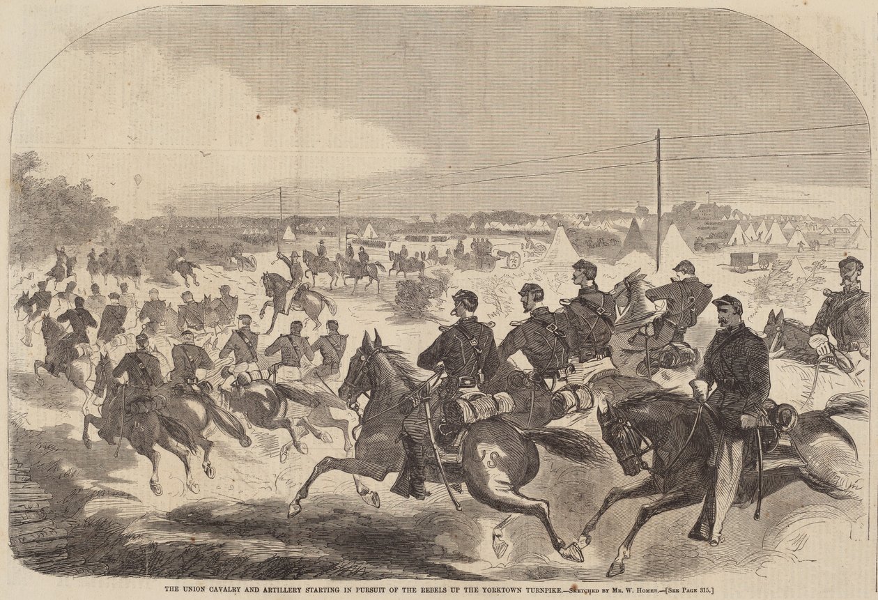 Union Cavalry and Artillery Starting in Pursuit of the Rebels up the Yorktown..., vydáno 1862 od Winslow Homer