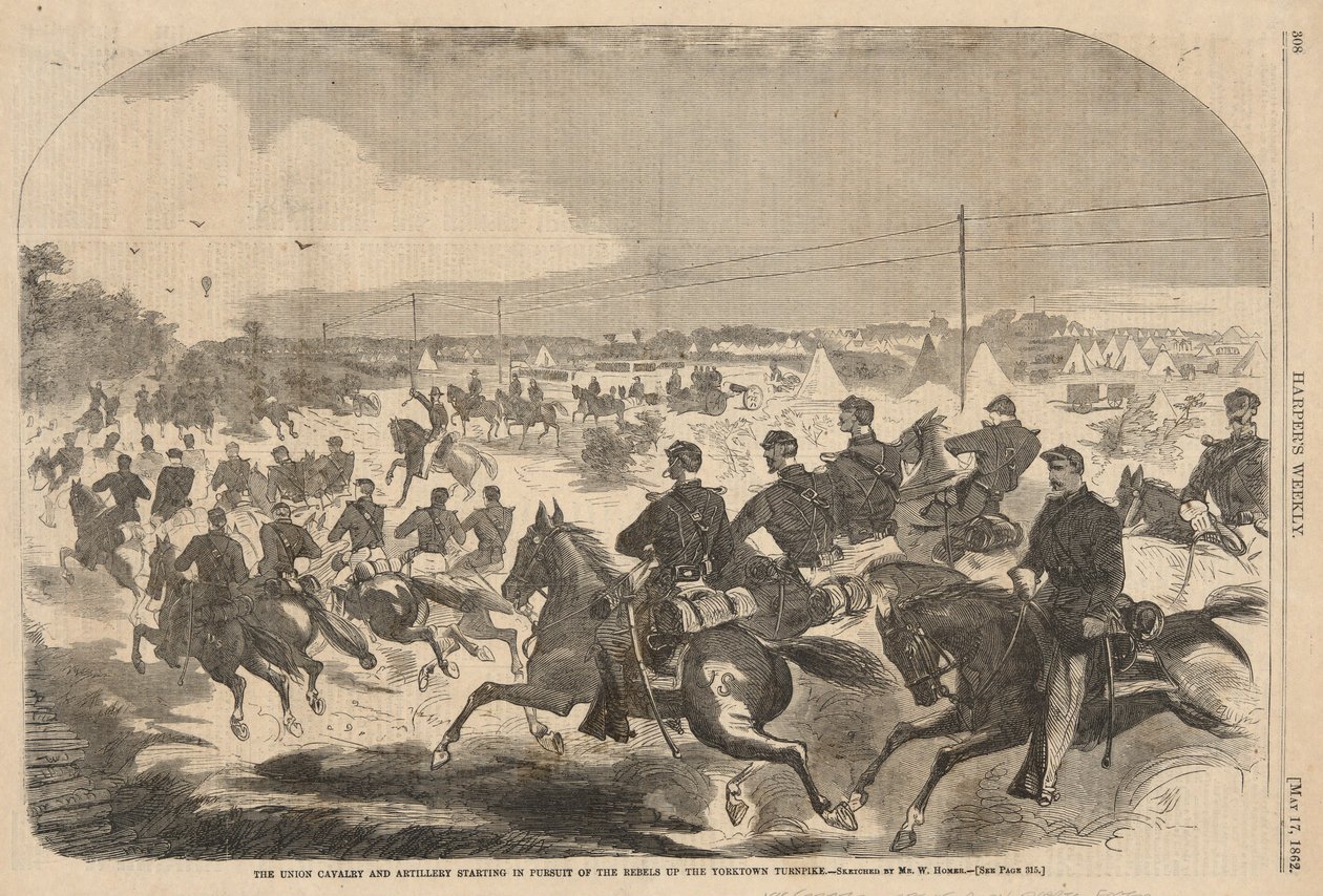 Svazová kavalérie a dělostřelectvo začínající při pronásledování rebelů po silnici Yorktown, z Harperu od Winslow Homer